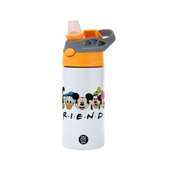 Friends characters, Children's hot water bottle, stainless steel, with safety straw, Orange/Grey (360ml) BPA-FREE