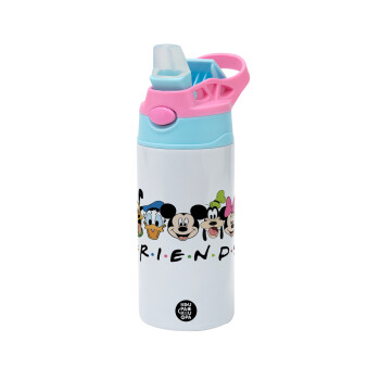 Friends characters, Children's hot water bottle, stainless steel, with safety straw, Pink/BlueCiel (360ml) BPA FREE