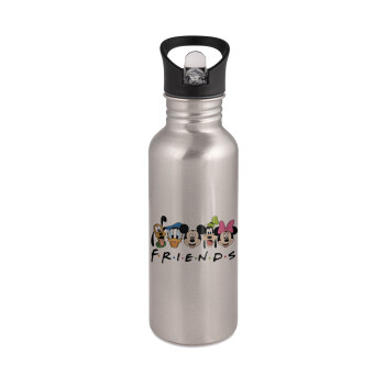 Friends characters, Water bottle Silver with straw, stainless steel 600ml