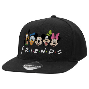 Friends characters, Adult Flat Snapback Hat Black, (100% COTTON TWILL, ADULT, UNISEX, ONE SIZE)