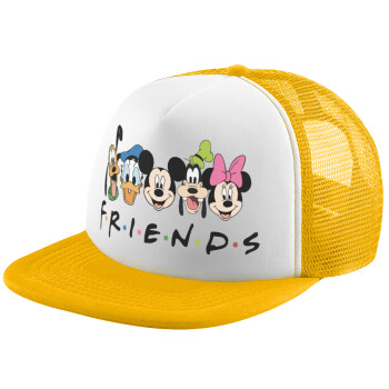 Friends characters, Adult Soft Trucker Hat with Yellow/White Mesh (POLYESTER, ADULT, UNISEX, ONE SIZE)