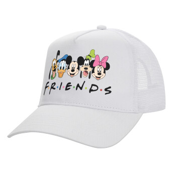 Friends characters, Structured Trucker Adult Hat, with Mesh, WHITE (100% COTTON, ADULT, UNISEX, ONE SIZE)