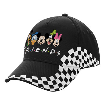 Friends characters, Adult Ultimate BLACK RACING Cap, (100% COTTON DRILL, ADULT, UNISEX, ONE SIZE)