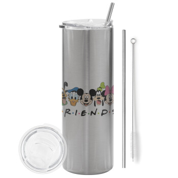 Friends characters, Tumbler stainless steel Silver 600ml, with metal straw & cleaning brush