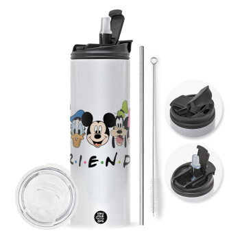 Friends characters, Travel Tumbler θερμό με διπλό καπάκι, μεταλλικό καλαμάκι και βούρτσα καθαρισμού (Ανωξείδωτο 304 Food grade, BPA free, 600ml)