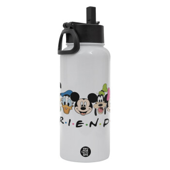 Friends characters, Metal mug thermo White with Straw and Spout Lid (Stainless steel), double wall, 950ml