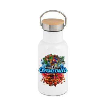 Minecraft legends, Metallic thermos (Stainless steel) White with wooden lid (bamboo), double-walled, 350ml