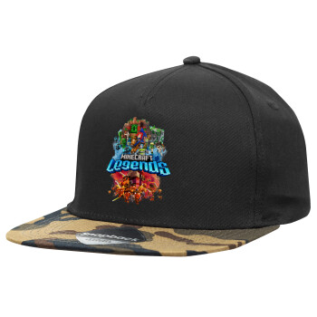 Minecraft legends, Adult Flat Snapback Hat Black/Camouflage, (100% COTTON TWILL, ADULT, UNISEX, ONE SIZE)