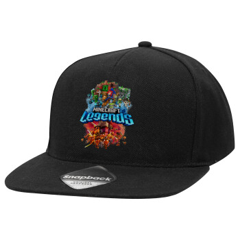 Minecraft legends, Adult Flat Snapback Hat Black, (100% COTTON TWILL, ADULT, UNISEX, ONE SIZE)