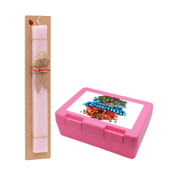 Minecraft legends, Easter Set, children's snack container PINK & scented flat Easter candle (30cm) (PINK)