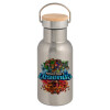 Stainless steel metallic thermos flask, silver with a bamboo lid, double-walled, 350ml.