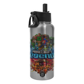 Minecraft legends, Metal mug thermo Silver with Straw and Spout Lid (Stainless steel), double wall, 950ml