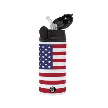 USA Flag, Children's hot water bottle, stainless steel, with safety straw, Black (360ml) BPA-FREE