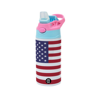 USA Flag, Children's hot water bottle, stainless steel, with safety straw, Pink/BlueCiel (360ml) BPA FREE