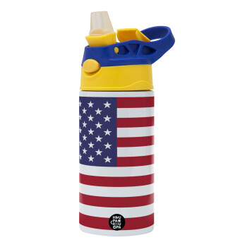 USA Flag, Children's hot water bottle, stainless steel, with safety straw, green, blue (360ml) BPA FREE