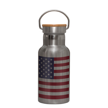 USA Flag, Stainless steel metallic thermos flask, silver with a bamboo lid, double-walled, 350ml.