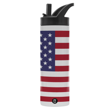 USA Flag, Metallic thermos bottle with straw & handle, stainless steel (Stainless steel 304), double-walled, 600ml.