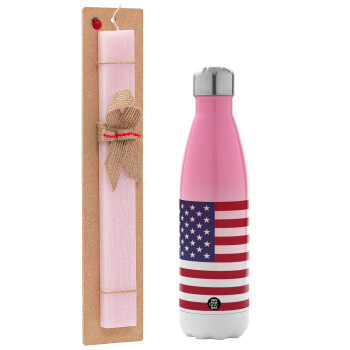 USA Flag, Easter Set, Metallic pink/white (Stainless steel) thermos, double-walled, 500ml & aromatic flat Easter candle (30cm) (PINK)