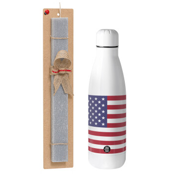 USA Flag, Easter Set, metallic Inox water bottle (700ml) & Easter scented flat candle (30cm) (GRAY)