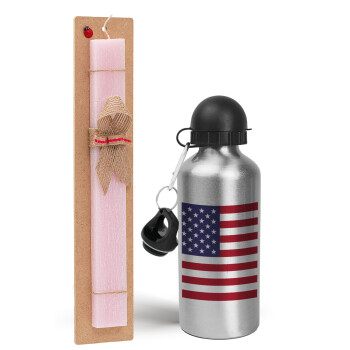 USA Flag, Easter Set, metallic Silver aluminum water bottle (500ml) & scented flat Easter candle (30cm) (PINK)