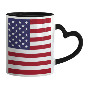 USA Flag, Mug heart black handle, ceramic, 330ml