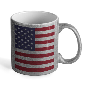 USA Flag, Κούπα Ασημένια Glitter που γυαλίζει, κεραμική, 330ml
