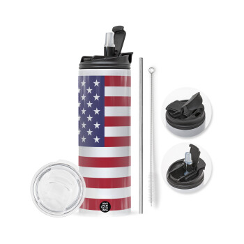 USA Flag, Travel Tumbler 2 Lids, with metal straw & cleaning brush (Stainless steel 304 Food grade, BPA free, 600ml)