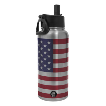 USA Flag, Metal mug thermo Silver with Straw and Spout Lid (Stainless steel), double wall, 950ml