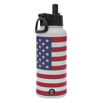 USA Flag, Metal mug thermo White with Straw and Spout Lid (Stainless steel), double wall, 950ml