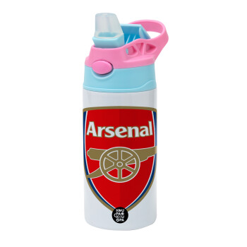 Arsenal, Children's hot water bottle, stainless steel, with safety straw, Pink/BlueCiel (360ml) BPA FREE