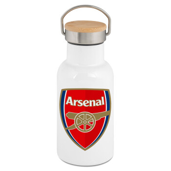 Arsenal, Μεταλλικό παγούρι θερμός (Stainless steel) Λευκό με ξύλινο καπακι (bamboo), διπλού τοιχώματος, 350ml