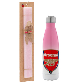 Arsenal, Easter Set, Metallic pink/white (Stainless steel) thermos, double-walled, 500ml & aromatic flat Easter candle (30cm) (PINK)