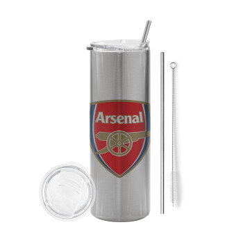 Arsenal, Tumbler ποτήρι θερμό Ασημένιο από ανοξείδωτο ατσάλι 600ml, με μεταλλικό καλαμάκι & βούρτσα καθαρισμού