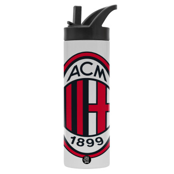 ACM, Metallic thermos bottle with straw & handle, stainless steel (Stainless steel 304), double-walled, 600ml.