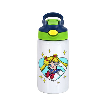 Sailor Moon star, Children's hot water bottle, stainless steel, with safety straw, green, blue (350ml)