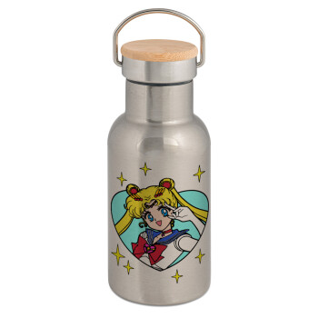 Sailor Moon star, Stainless steel metallic thermos flask, silver with a bamboo lid, double-walled, 350ml.