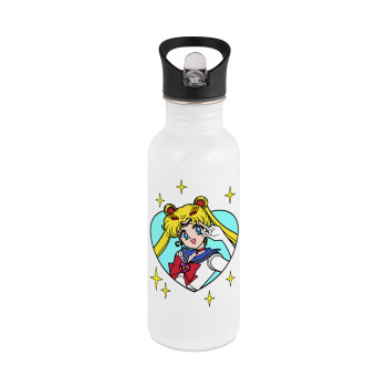 Sailor Moon star, Παγούρι νερού Λευκό με καλαμάκι, ανοξείδωτο ατσάλι 600ml
