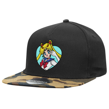 Sailor Moon star, Καπέλο Ενηλίκων Flat Snapback Μαύρο/Παραλλαγή, (100% ΒΑΜΒΑΚΕΡΟ TWILL, ΕΝΗΛΙΚΩΝ, UNISEX, ONE SIZE)