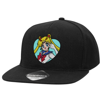 Sailor Moon star, Adult Flat Snapback Hat Black, (100% COTTON TWILL, ADULT, UNISEX, ONE SIZE)