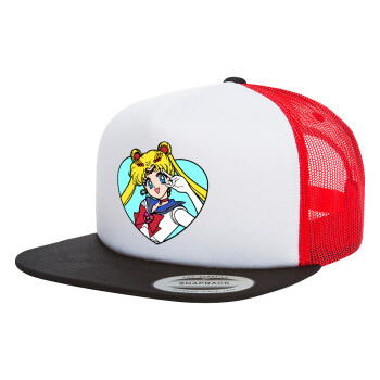 Sailor Moon star, Adult Foam Flat Snapback with Mesh Black-White-Red (POLYESTER, ADULT, UNISEX, ONE SIZE)