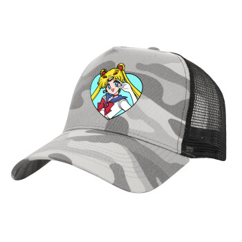 Sailor Moon star, Καπέλο Ενηλίκων Structured Trucker, με Δίχτυ, (παραλλαγή) Army Camo (100% ΒΑΜΒΑΚΕΡΟ, ΕΝΗΛΙΚΩΝ, UNISEX, ONE SIZE)