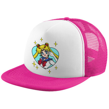 Sailor Moon star, Καπέλο παιδικό Soft Trucker με Δίχτυ ΡΟΖ/ΛΕΥΚΟ (POLYESTER, ΠΑΙΔΙΚΟ, ONE SIZE)