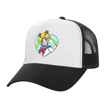 Sailor Moon star, Adult Structured Trucker Hat, with Mesh, WHITE/BLACK (100% COTTON, ADULT, UNISEX, ONE SIZE)