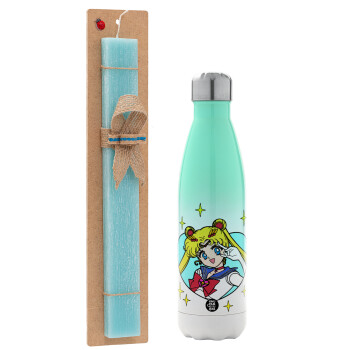 Sailor Moon star, Easter Set, Metallic green/white thermos (Stainless steel), double-walled, 500ml & scented flat Easter candle (30cm) (TURQUOISE)