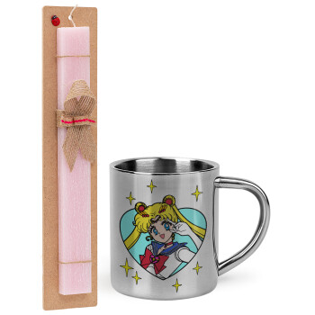 Sailor Moon star, Πασχαλινό Σετ, μεταλλική κούπα θερμό (300ml) & πασχαλινή λαμπάδα αρωματική πλακέ (30cm) (ΡΟΖ)