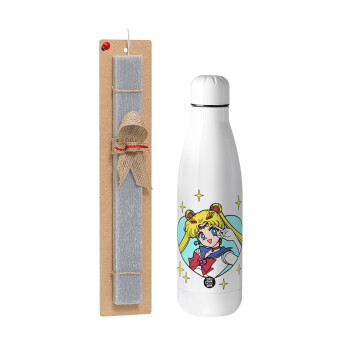 Sailor Moon star, Easter Set, metallic stainless thermos bottle (500ml) & scented flat Easter candle (30cm) (GRAY)