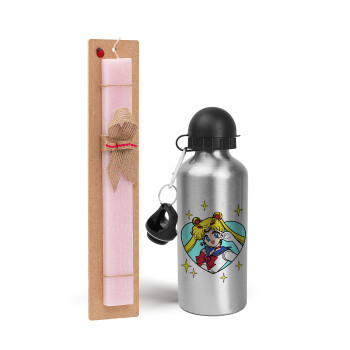 Sailor Moon star, Easter Set, metallic Silver aluminum water bottle (500ml) & scented flat Easter candle (30cm) (PINK)