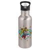 Water bottle Silver with straw, stainless steel 600ml