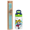 Easter Set, Children's thermal stainless steel bottle with safety straw, green/blue (350ml) & aromatic flat Easter candle (30cm) (TURQUOISE)