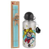 Easter Set, metallic silver aluminum water bottle (500ml) & scented flat Easter candle (30cm) (TURQUOISE)